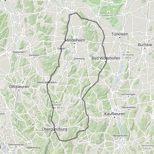 Map miniature of "Scenic Road Tour near Günzach" cycling inspiration in Schwaben, Germany. Generated by Tarmacs.app cycling route planner