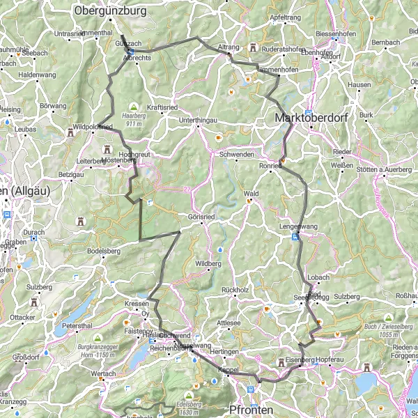 Map miniature of "Scenic Road Cycling in Allgäu" cycling inspiration in Schwaben, Germany. Generated by Tarmacs.app cycling route planner