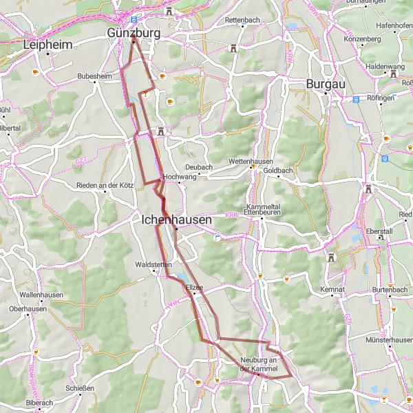 Map miniature of "Günzburg Gravel Adventure" cycling inspiration in Schwaben, Germany. Generated by Tarmacs.app cycling route planner