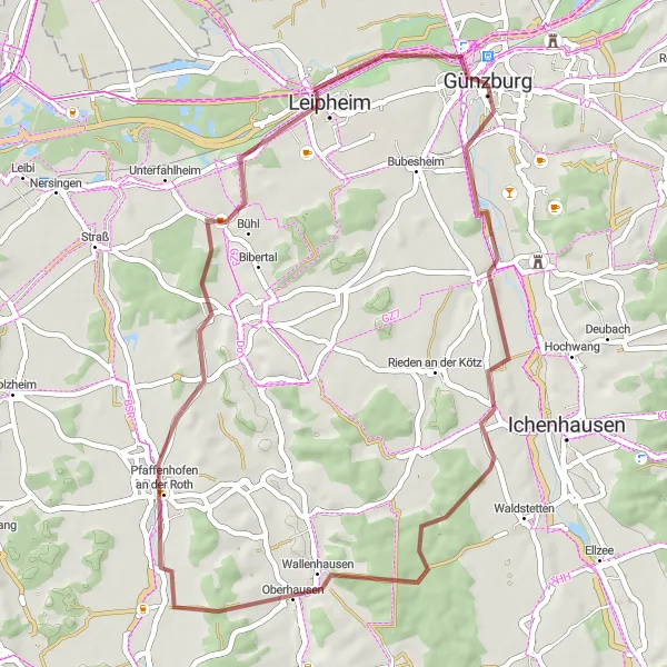 Map miniature of "Discovering Hidden Gravel Gems" cycling inspiration in Schwaben, Germany. Generated by Tarmacs.app cycling route planner