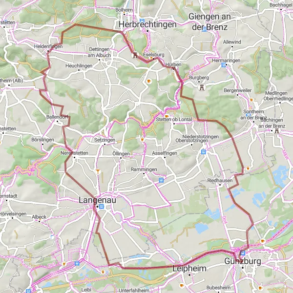 Map miniature of "Gravel Adventure to Eselsburg" cycling inspiration in Schwaben, Germany. Generated by Tarmacs.app cycling route planner