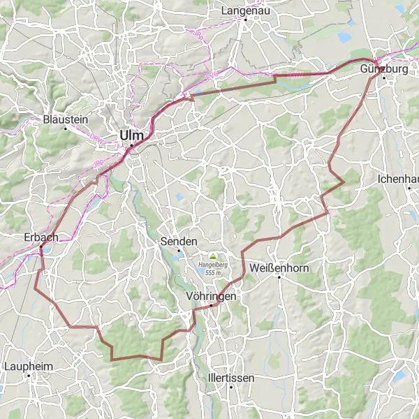 Map miniature of "Gravel Adventure to Ulm" cycling inspiration in Schwaben, Germany. Generated by Tarmacs.app cycling route planner