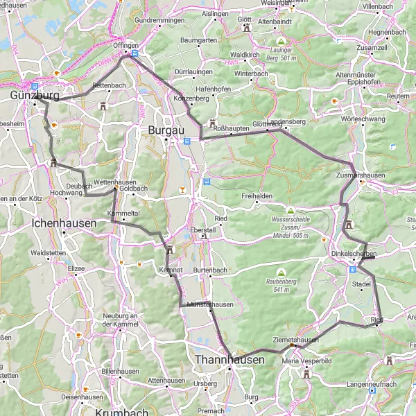 Map miniature of "Günzburg to Münsterhausen Road Route" cycling inspiration in Schwaben, Germany. Generated by Tarmacs.app cycling route planner