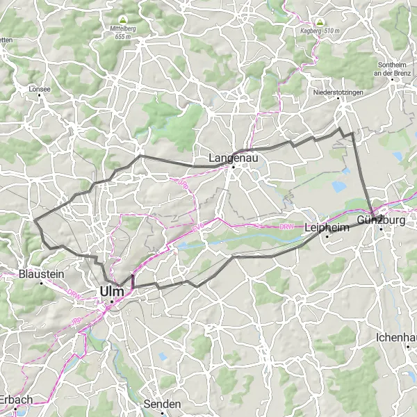 Karten-Miniaturansicht der Radinspiration "Road Tour durch das Umland von Günzburg" in Schwaben, Germany. Erstellt vom Tarmacs.app-Routenplaner für Radtouren