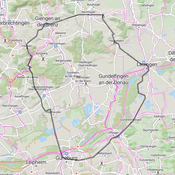 Karten-Miniaturansicht der Radinspiration "Rundtour von Günzburg nach Denzlingen" in Schwaben, Germany. Erstellt vom Tarmacs.app-Routenplaner für Radtouren