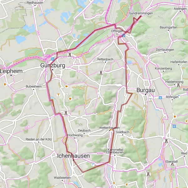 Map miniature of "Gundremmingen Explorer" cycling inspiration in Schwaben, Germany. Generated by Tarmacs.app cycling route planner