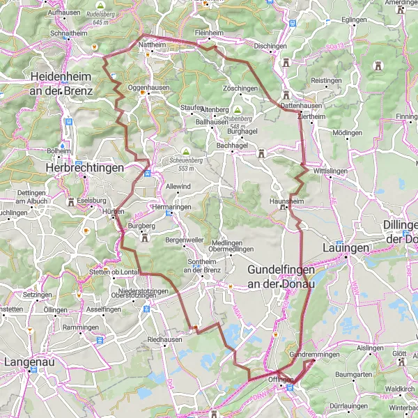 Map miniature of "Giengen Hills Gravel Loop" cycling inspiration in Schwaben, Germany. Generated by Tarmacs.app cycling route planner