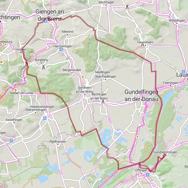 Karten-Miniaturansicht der Radinspiration "Gravel Tour rund um Gundremmingen" in Schwaben, Germany. Erstellt vom Tarmacs.app-Routenplaner für Radtouren