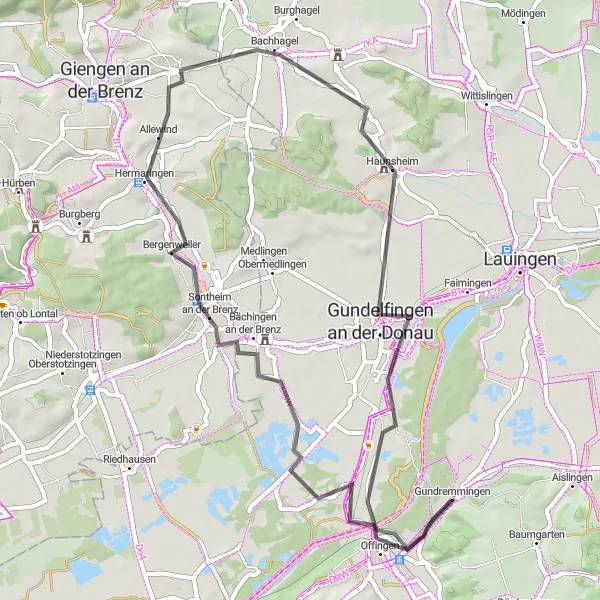 Map miniature of "Bächingen Exploration" cycling inspiration in Schwaben, Germany. Generated by Tarmacs.app cycling route planner