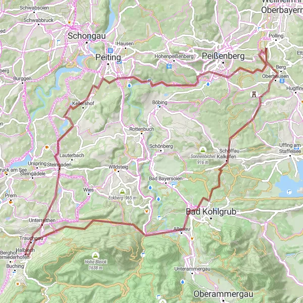 Map miniature of "Adventurous Gravel Tour" cycling inspiration in Schwaben, Germany. Generated by Tarmacs.app cycling route planner