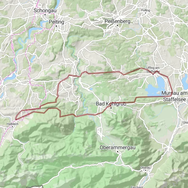 Karten-Miniaturansicht der Radinspiration "Naturschönheiten um Wildsteig und Bad Kohlgrub" in Schwaben, Germany. Erstellt vom Tarmacs.app-Routenplaner für Radtouren