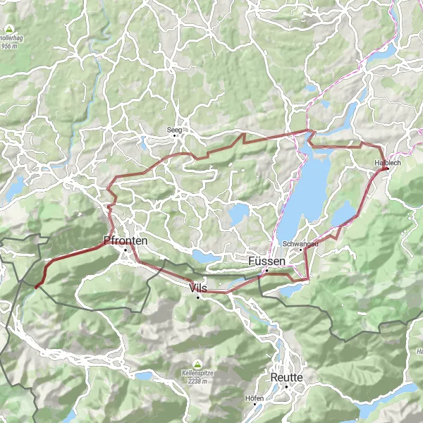Map miniature of "Halblech and Füssen Gravel Adventure" cycling inspiration in Schwaben, Germany. Generated by Tarmacs.app cycling route planner