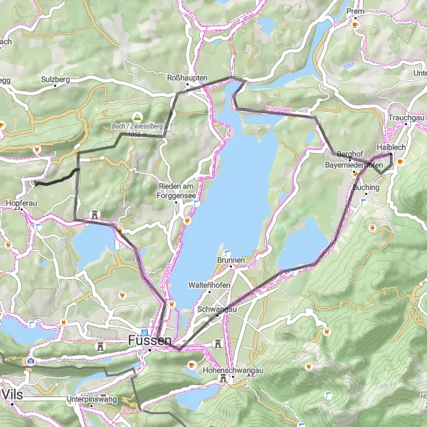 Map miniature of "Road Cycling Adventure through Beautiful Halblech" cycling inspiration in Schwaben, Germany. Generated by Tarmacs.app cycling route planner