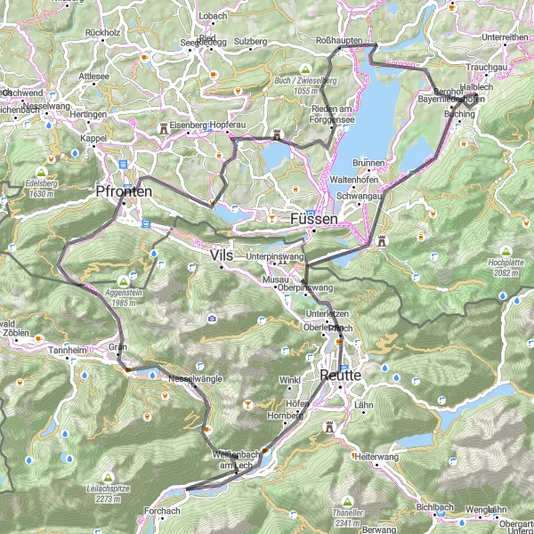 Map miniature of "Neuschwanstein Castle and Alpine Road Cycling Challenge" cycling inspiration in Schwaben, Germany. Generated by Tarmacs.app cycling route planner