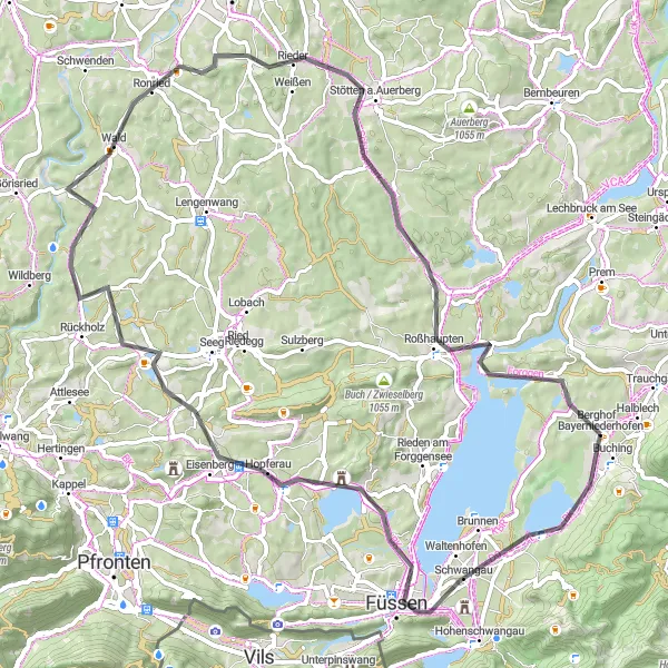 Karten-Miniaturansicht der Radinspiration "Radwege um Füssen und Eisenberg" in Schwaben, Germany. Erstellt vom Tarmacs.app-Routenplaner für Radtouren