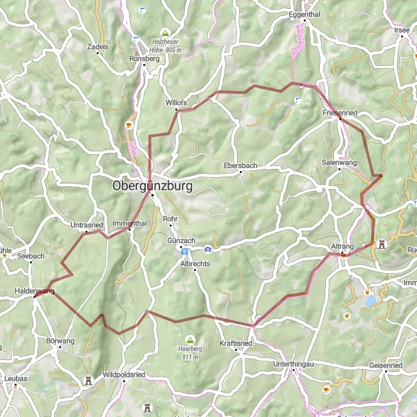 Karten-Miniaturansicht der Radinspiration "Entspannte Gravel-Tour durch die Umgebung von Haldenwang" in Schwaben, Germany. Erstellt vom Tarmacs.app-Routenplaner für Radtouren