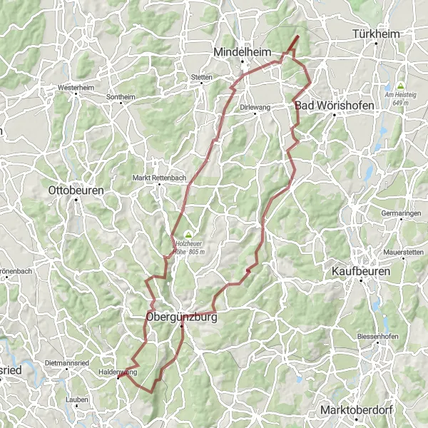 Karten-Miniaturansicht der Radinspiration "Abenteuerliche Schottertour um Haldenwang" in Schwaben, Germany. Erstellt vom Tarmacs.app-Routenplaner für Radtouren