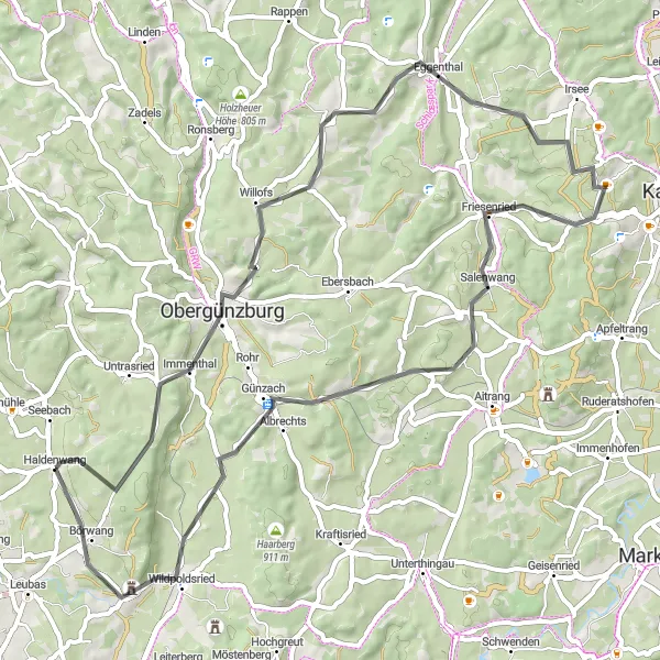 Map miniature of "Obergünzburg Loop" cycling inspiration in Schwaben, Germany. Generated by Tarmacs.app cycling route planner