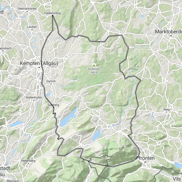Map miniature of "Unterthingau Adventure" cycling inspiration in Schwaben, Germany. Generated by Tarmacs.app cycling route planner