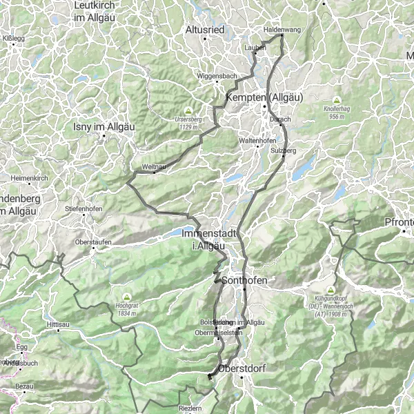 Map miniature of "Allgäu Road Explorer" cycling inspiration in Schwaben, Germany. Generated by Tarmacs.app cycling route planner