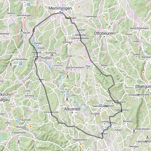 Karten-Miniaturansicht der Radinspiration "Haldenwang - Memmingen Rundtour" in Schwaben, Germany. Erstellt vom Tarmacs.app-Routenplaner für Radtouren