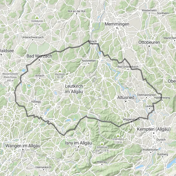 Karten-Miniaturansicht der Radinspiration "Haldenwang - Rund um Bad Wurzach" in Schwaben, Germany. Erstellt vom Tarmacs.app-Routenplaner für Radtouren