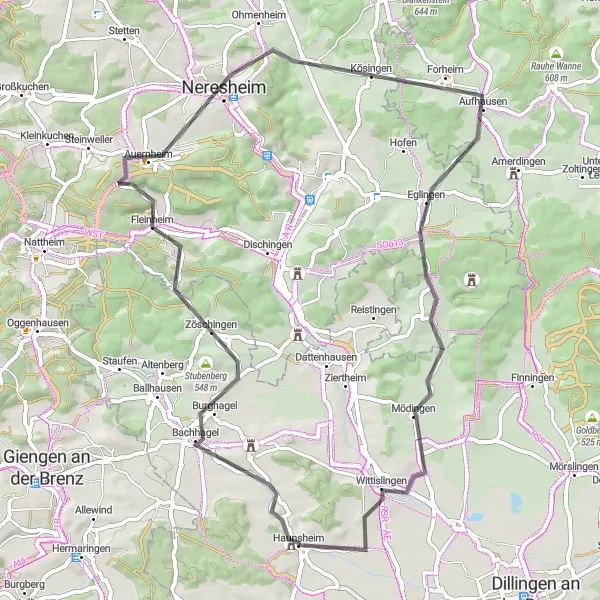 Karten-Miniaturansicht der Radinspiration "Rundtour durchs Neresheimer Land" in Schwaben, Germany. Erstellt vom Tarmacs.app-Routenplaner für Radtouren