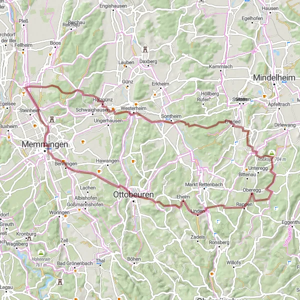 Karten-Miniaturansicht der Radinspiration "Gravel-Tour nach Holzgünz" in Schwaben, Germany. Erstellt vom Tarmacs.app-Routenplaner für Radtouren