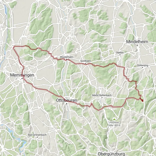 Karten-Miniaturansicht der Radinspiration "Gravel-Tour nach Holzgünz" in Schwaben, Germany. Erstellt vom Tarmacs.app-Routenplaner für Radtouren
