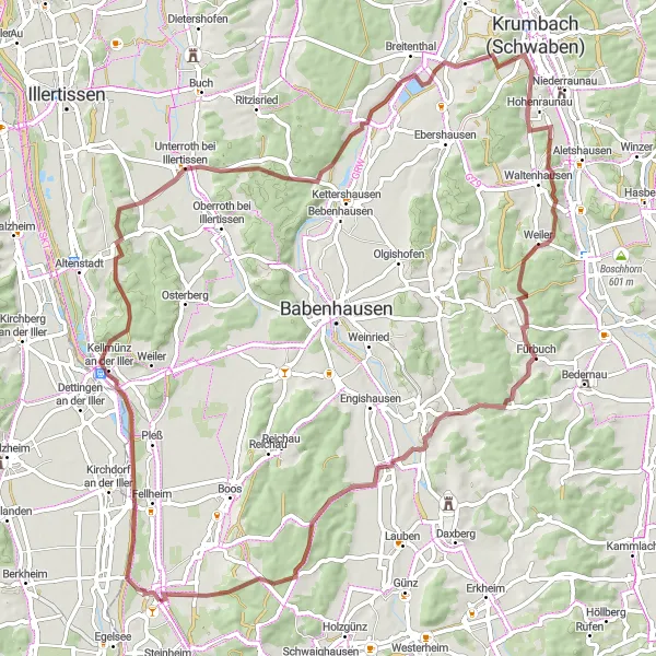 Karten-Miniaturansicht der Radinspiration "Kellmünz Loop" in Schwaben, Germany. Erstellt vom Tarmacs.app-Routenplaner für Radtouren