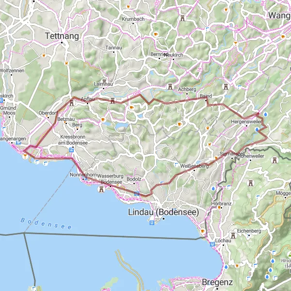 Map miniature of "Hergensweiler Gravel Adventure" cycling inspiration in Schwaben, Germany. Generated by Tarmacs.app cycling route planner