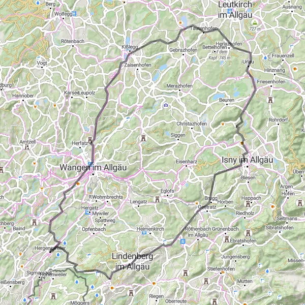 Map miniature of "Allgäu Highlights Road Ride" cycling inspiration in Schwaben, Germany. Generated by Tarmacs.app cycling route planner