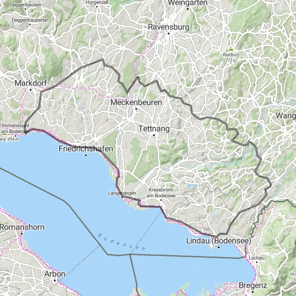 Map miniature of "Bodensee Loop Road Ride" cycling inspiration in Schwaben, Germany. Generated by Tarmacs.app cycling route planner