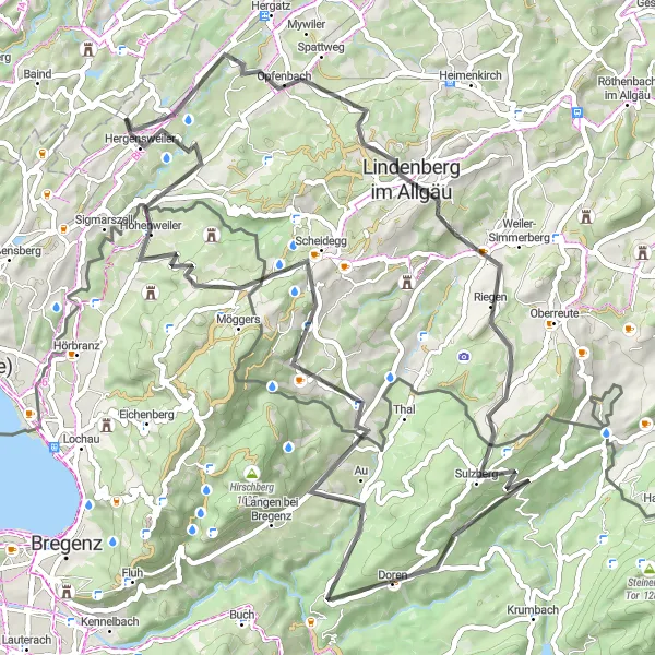 Map miniature of "Road Cycling Challenge: Hergensweiler Circuit" cycling inspiration in Schwaben, Germany. Generated by Tarmacs.app cycling route planner