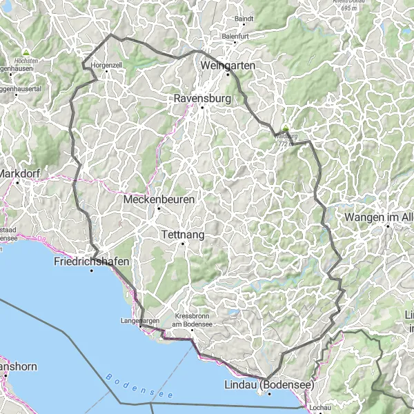 Map miniature of "Lindau and Friedrichshafen Adventure" cycling inspiration in Schwaben, Germany. Generated by Tarmacs.app cycling route planner