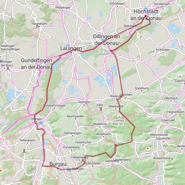 Map miniature of "Donau Randonnée" cycling inspiration in Schwaben, Germany. Generated by Tarmacs.app cycling route planner