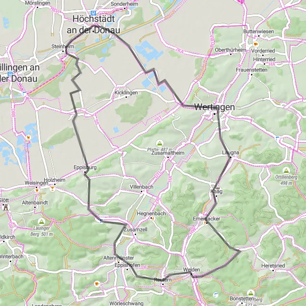 Map miniature of "Scenic Road Tour from Höchstädt to Eppisburg" cycling inspiration in Schwaben, Germany. Generated by Tarmacs.app cycling route planner