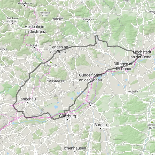 Map miniature of "Challenging Road Loop from Höchstädt to Günzburg" cycling inspiration in Schwaben, Germany. Generated by Tarmacs.app cycling route planner