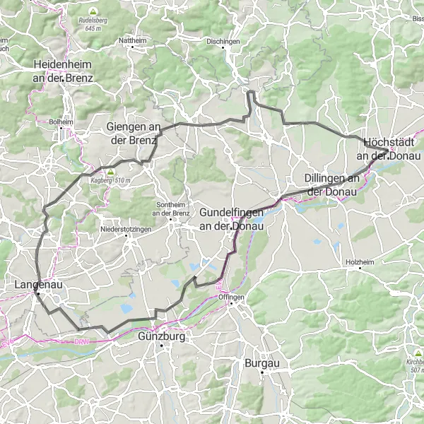 Map miniature of "Road Cycling Adventure near Höchstädt an der Donau" cycling inspiration in Schwaben, Germany. Generated by Tarmacs.app cycling route planner