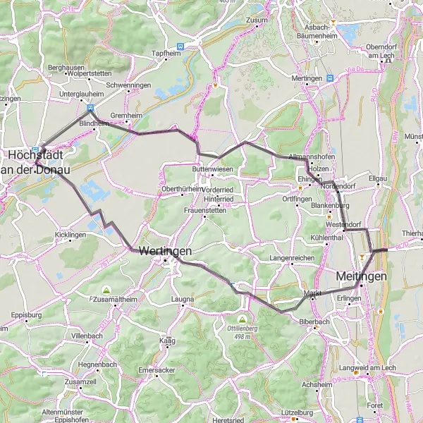Map miniature of "Leisurely Road Ride to Nordendorf" cycling inspiration in Schwaben, Germany. Generated by Tarmacs.app cycling route planner