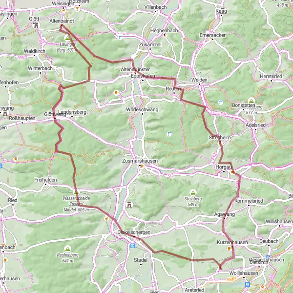 Karten-Miniaturansicht der Radinspiration "Kurze Gravelbike-Tour durch Zusam und Mindel" in Schwaben, Germany. Erstellt vom Tarmacs.app-Routenplaner für Radtouren
