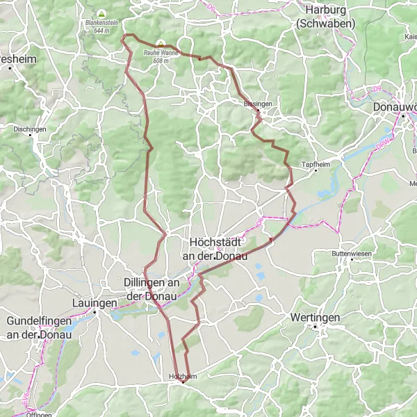 Karten-Miniaturansicht der Radinspiration "Graveltour rund um Dillingen an der Donau" in Schwaben, Germany. Erstellt vom Tarmacs.app-Routenplaner für Radtouren