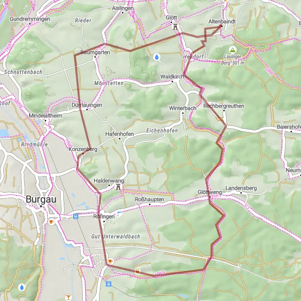 Map miniature of "Scenic Gravel Adventure" cycling inspiration in Schwaben, Germany. Generated by Tarmacs.app cycling route planner