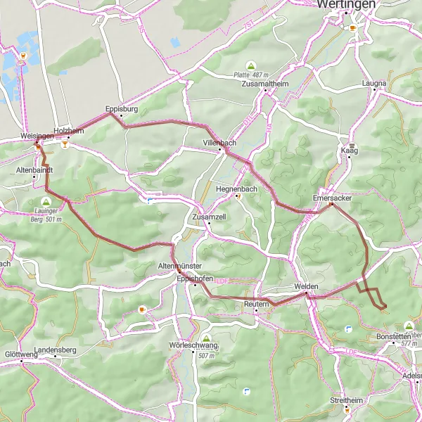 Map miniature of "The Gravel Ride through Schwaben" cycling inspiration in Schwaben, Germany. Generated by Tarmacs.app cycling route planner