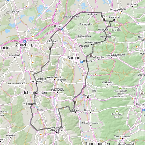 Karten-Miniaturansicht der Radinspiration "Ichenhausen-Route durch das Donautal" in Schwaben, Germany. Erstellt vom Tarmacs.app-Routenplaner für Radtouren