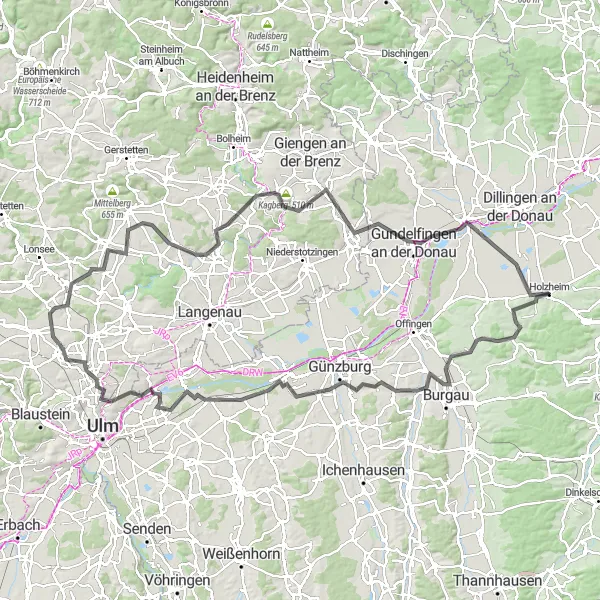 Karten-Miniaturansicht der Radinspiration "Rundweg von Holzheim nach Lauingen" in Schwaben, Germany. Erstellt vom Tarmacs.app-Routenplaner für Radtouren