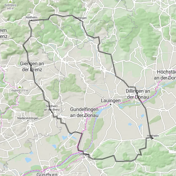 Karten-Miniaturansicht der Radinspiration "Entdeckungstour von Holzheim nach Dillingen" in Schwaben, Germany. Erstellt vom Tarmacs.app-Routenplaner für Radtouren