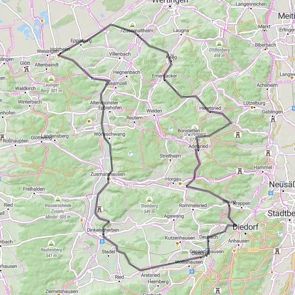 Map miniature of "Undulating Countryside Tour" cycling inspiration in Schwaben, Germany. Generated by Tarmacs.app cycling route planner