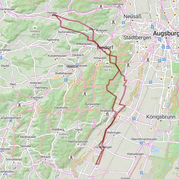 Karten-Miniaturansicht der Radinspiration "Erkundungstour rund um Horgau" in Schwaben, Germany. Erstellt vom Tarmacs.app-Routenplaner für Radtouren