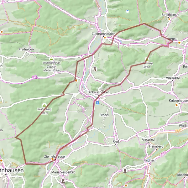 Karten-Miniaturansicht der Radinspiration "Gravelroute um Steinberg" in Schwaben, Germany. Erstellt vom Tarmacs.app-Routenplaner für Radtouren